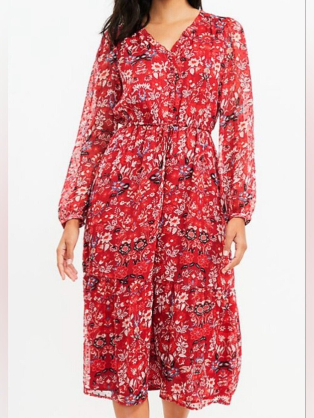 LOFT  Red  Floral Maxi Dress...V-Neck Long Sleeve...Size:XL